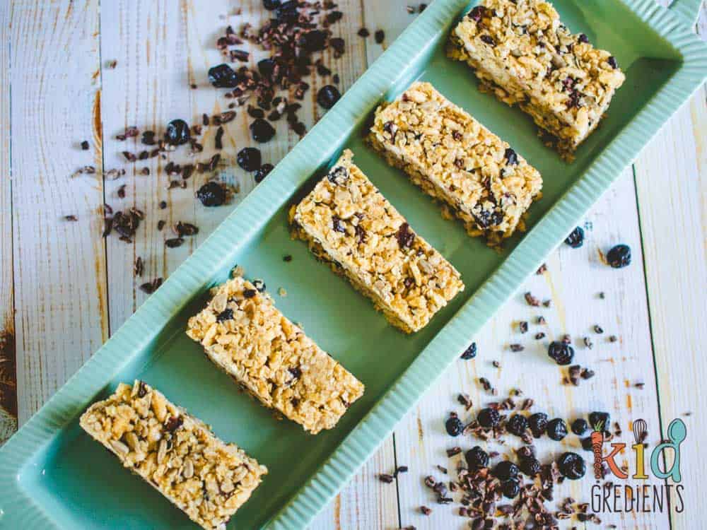 Blueberry and cacao nib no bake muesli bars